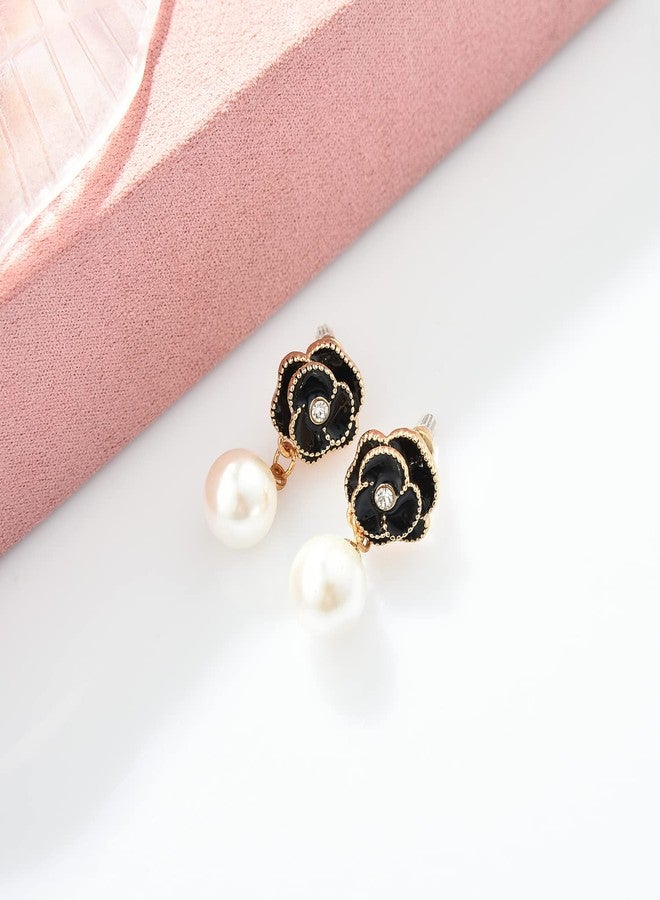 Glamtune Designer Faux Imitation Pearl Floral charm Dangle Drop Fashion Earrings Studs (Black) - Image 3